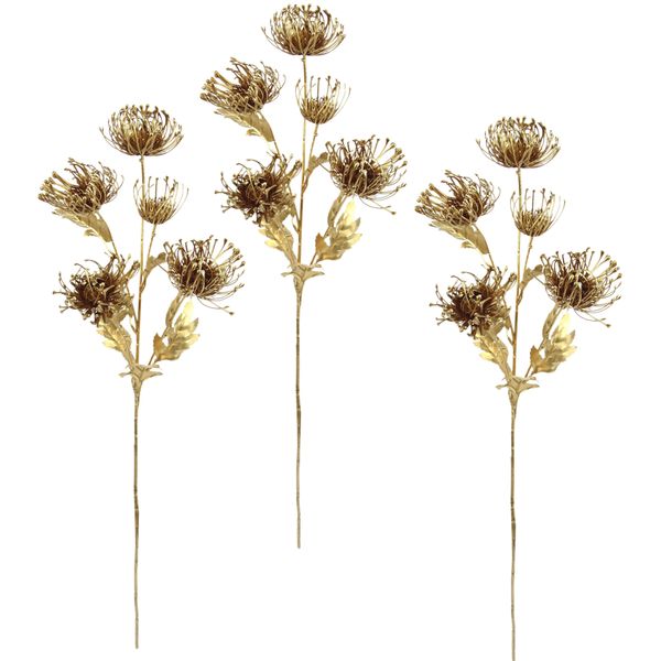 Kunstblume I.Ge.A. "Protea", Gold (Goldfarben), B:14Cm H:75Cm L:10Cm, Obermaterial: 98% Kunststoff, 2% Polyester, Kunstpflanzen, Metallic Kunstzweig, 3Er Set-image