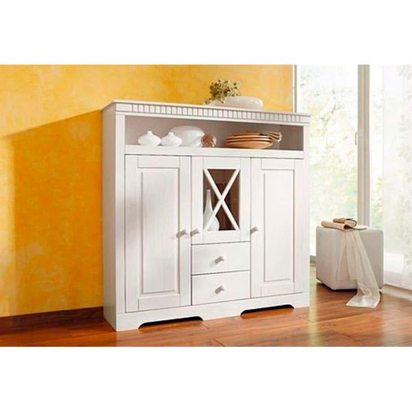Highboard Otto Home "Lisa", Weiß, B:130Cm H:125Cm T:35Cm, Massivholz, Sideboards, Highboard, Stauraumschrank Aus Massivem Kiefernholz, Mit Dekorativen FräSungen-image