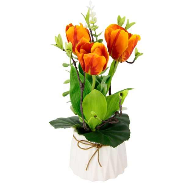 Kunstblume I.Ge.A. "Tulpen", Orange, B:20Cm H:32Cm L:18Cm, Kunstpflanzen, Im Topf Aus Keramik Gesteck KüNstliche FrüHlingsblume-image
