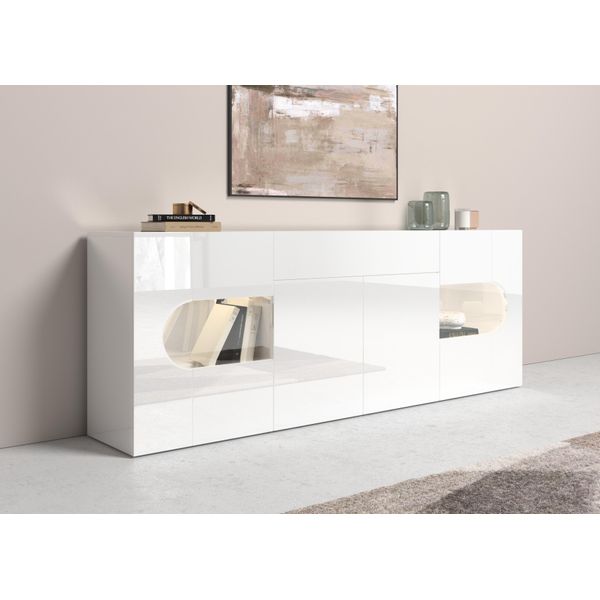 Sideboard Home Affaire "Real,Vitrine,Kommode,Schrank,Komplett Weiß Hochglanz Lackiert", Weiß (Weiß Hochglanz), B:220Cm H:81Cm T:40Cm, Sideboards, Sideboard, Mit 4 TüRen Davon 2 GlastüRen Und 1 Schublade Ohne Griff Breite 220Cm-image