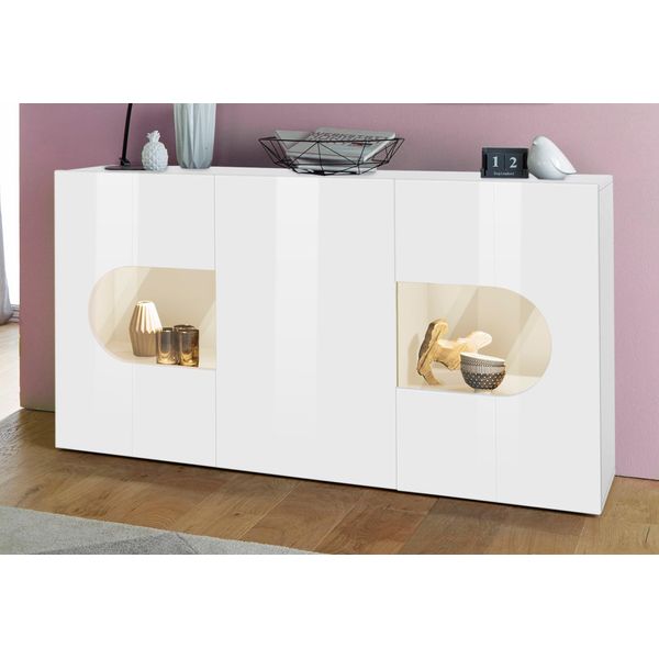 Sideboard Home Affaire "Real,Vitrine,Kommode,Schrank, Komplett Hochglanz Lackiert", Weiß (Weiß Hochglanz), B:150Cm H:81Cm T:40Cm, Sideboards, Sideboard, Weiß Hochglanz Lackiert Mit 3 TüRen Davon 2 GlastüRen, Breite 150-image