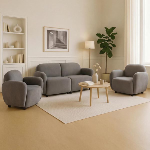 Wohnzimmer-Set MCW-P33, 2Er-Sofa 2X Sessel, Stoff/Textil Chenille (330 G/M²) ÖKo-Tex ~ Hellgrau-image