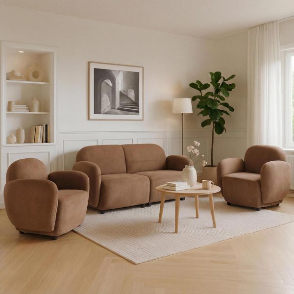 Wohnzimmer-Set MCW-P33, 2Er-Sofa 2X Sessel, Stoff/Textil Chenille (330 G/M²) ÖKo-Tex ~ Braun-image