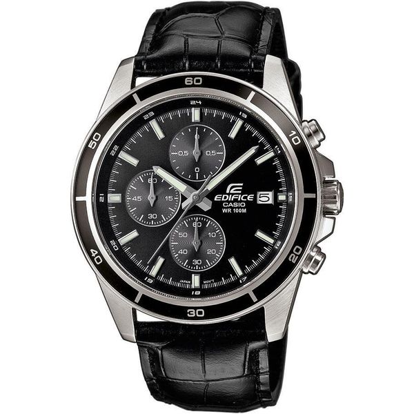 Chronograph Casio Edifice, Schwarz (Schwarz, Schwarz), Armbanduhren, Herren, Chronograph, Quarzuhr, Armbanduhr, Herrenuhr, Stoppfunktion, Datum, Lederarmband-image