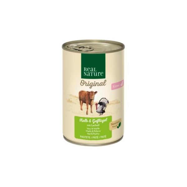Real Nature Original Nourriture Humide Pour Chat, Chaton Veau Et Volaille à L’Huile De Saumon 12X400 G-image