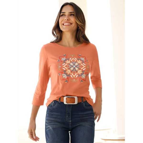 3/4-Arm-Shirt Classic Basics "3/4-Arm-Shirt", Damen, Gr. 38, Orange (Papaya, Ecru), 100% Baumwolle, Bedruckt, Gemustert, Mehrfarbig, Rundhals, Shirts 3/4-Arm-Shirt-image