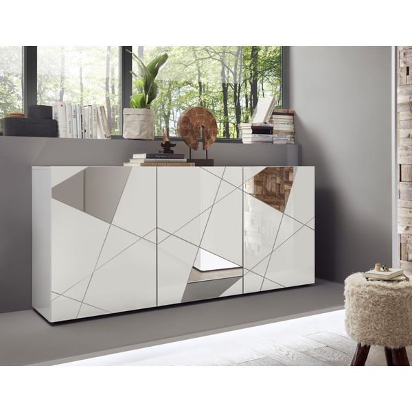 Sideboard Home Affaire "Vittoria", Weiß (Weiß Hochglanz Lack), B:181Cm H:84Cm T:42Cm, Sideboards, Sideboard, Breite 181 Cm, Front Mit Siebdruck Und Spiegel-image