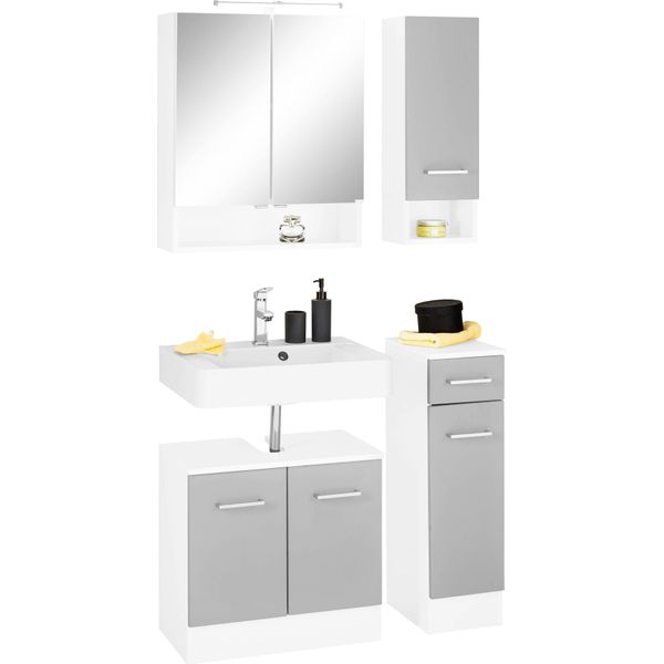 BadmöBel-Set Welltime "Ribera", Grau (Weiß, Hellgrau), Holzwerkstoff, Mdf, Melamin, KastenmöBel-Sets, BadmöBel-Set, Spiegelschrank, Waschplatz, HäNgeschrank, Unterschrank-image