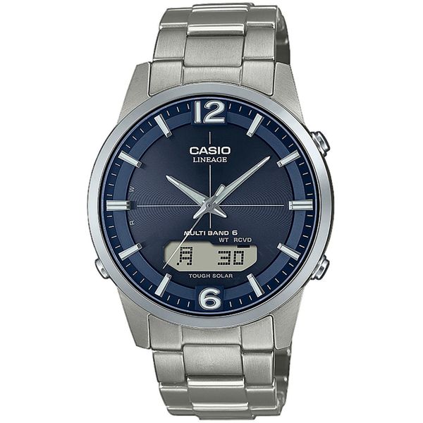 Funkchronograph Casio Funk, Silber (Titansilberfarben, Dunkelblau), Armbanduhren, Herren, Armbanduhr, Herrenuhr, Solaruhr, Funkuhr, Titanarmband, Saphirglas-image
