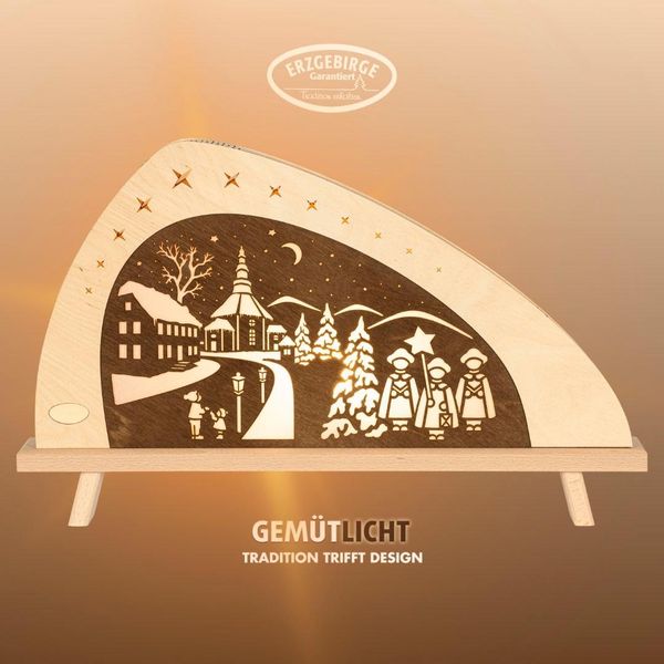 LED Lichterbogen Weigla "Weihnachten In Seiffen, Asymmetrische Holz Dekolampe, Made In Germany", Beige (Natur), B:52Cm H:32Cm T:6Cm, Holzwerkstoff, SchwibböGen, Erzgebirge Garantiert,Weihnachtsdeko Innen, Weihnachtsbeleuchtung-image