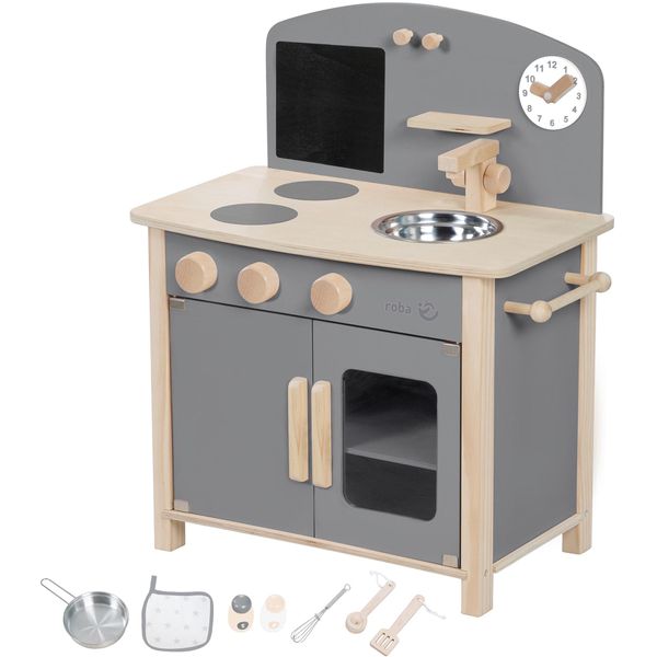 SpielküChe Roba "SpielküChe, Grau/Natur", Beige (Natur, Grau), SpielküChen, Kinderb:52Cm H:63Cm T:30Cm, Holz, Mdf, Mit Kreidetafel, Pfanne Und KüChezubehöR, B:52Cm H:63Cm T:30Cm-image