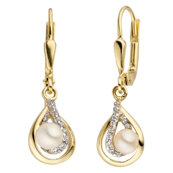 Perlenohrringe Jobo, Gelb (Gelbgold 375), Ohrringe, Damen, 4Mm, Gelbgold 375 Perlen, Gelbgold 375, Perlen, 375 Gold Mit 2 SüßWasser-Zuchtperlen Und 24 Zirkonia-image