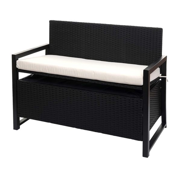 Poly-Rattan 2Er Sitzbank MCW-F39, Gartenbank Truhenbank, Staufach Aufbewahrung Sitzkissen ~ Anthrazit, Kissen Creme-image