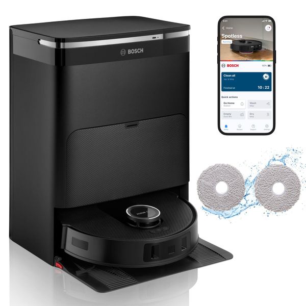 Bosch Saugroboter "Spotless Max BCRDW3B Mit Wischfunktion, Rotierende Wischpads", Schwarz, B:34Cm H:9,8Cm, Saugroboter, Datensicherheit, 11.000 Pa Saugkraft, Absaugstation, Carbon BüRste-image