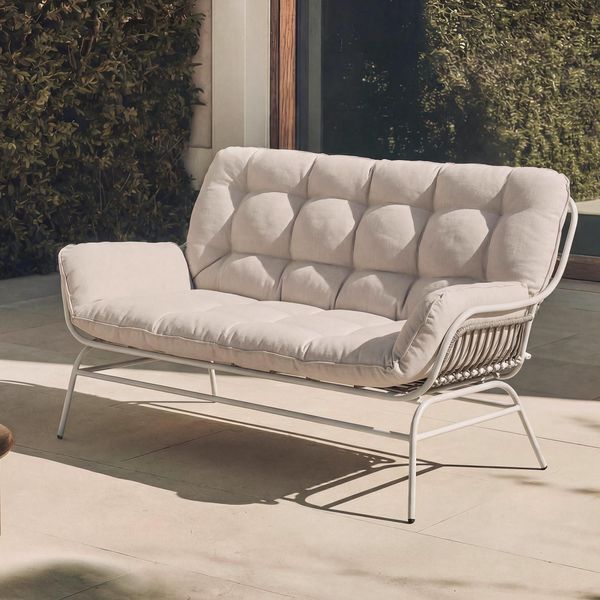 2Er-Sofa MCW-P75, Gartensofa Gartenbank Couch 2-Sitzer, Stoff 220G/M² Poly-Rattan Metall ~ Hellgrau, Polster Beige-image