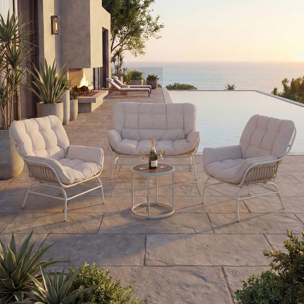 Lounge-Set MCW-P75, Gartengarnitur Sofa Sitzgruppe, Stoff 220G/M² Poly-Rattan Metall ~ Hellgrau, Polster Beige-image