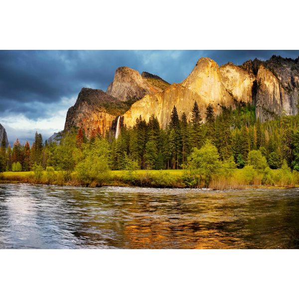 Fototapete Papermoon "Yosemite TAL-FLUSS Gebirge Wald Berge Sonne Wasserfall", Bunt, B:4M L:2,6M, Vlies, Tapeten-image