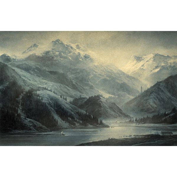 Fototapete Papermoon "BERGE-NATUR Landschaft Wald See Gebirge Vintage Tapete", Bunt, B:3,5M L:2,6M, Vlies, Tapeten-image