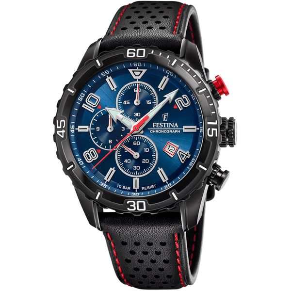 Chronograph Festina, Schwarz (Schwarz, Dunkelblau), Armbanduhren, Herren, Chronograph, Armbanduhr, Quarzuhr, Herrenuhr, Stoppfunktion, Lederarmband-image