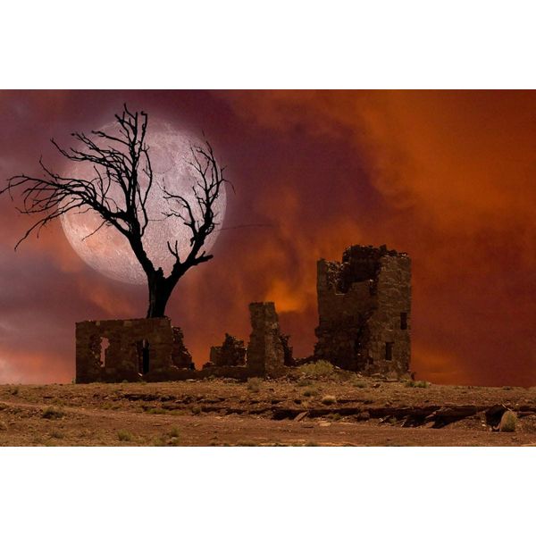 Fototapete Papermoon "Ruine In Landschaft Mit Mond", Bunt, B:3,5M L:2,6M, Vlies, Tapeten-image