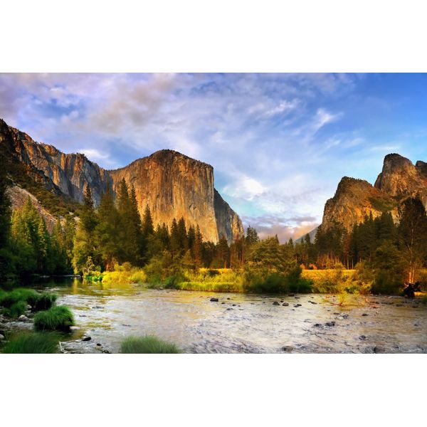 Fototapete Papermoon "Yosemite TAL-GEBIRGE Blume Berge Sonne Wald Fluss Felse", Bunt, B:4,5M L:2,8M, Vlies, Tapeten-image