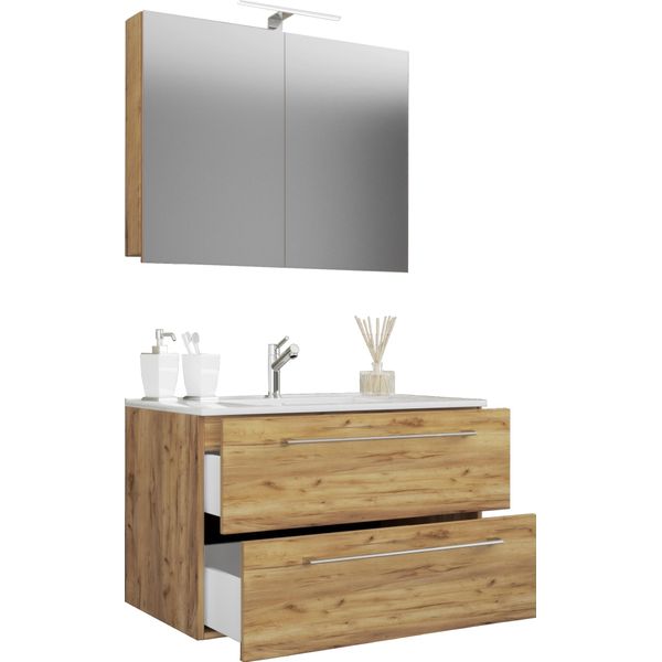 Waschtisch Vcm "3-Tlg. Waschplatz Waschtisch Badinos Schublade Sc", Braun (Honig, Eiche), B:60Cm T:46Cm, Waschtische, Waschtisch-image