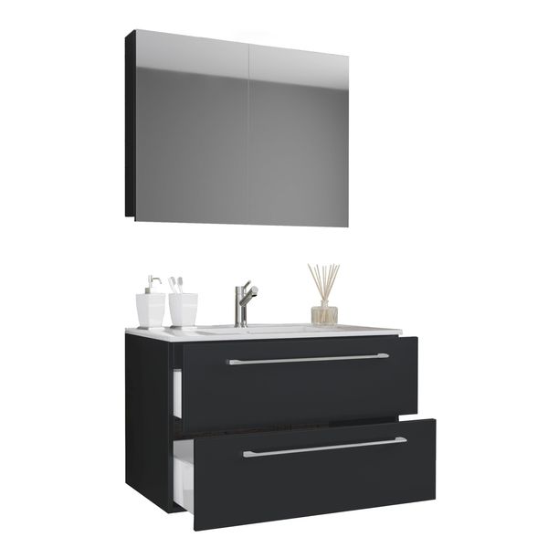 Waschtisch Vcm "3-Tlg. Waschplatz Waschtisch Badinos Schublade Sp", Schwarz, B:80Cm T:46Cm, Waschtische, Waschtisch-image