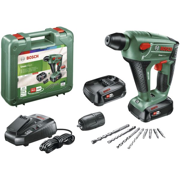 Akku-Bohrhammer Bosch Home & Garden "Uneo Maxx", Bunt (GrüN, Schwarz, Rot), B:342Mm H:114Mm L:383Mm, Bohrmaschinen, Inkl. 2 Akkus, LadegeräT, Koffer-image