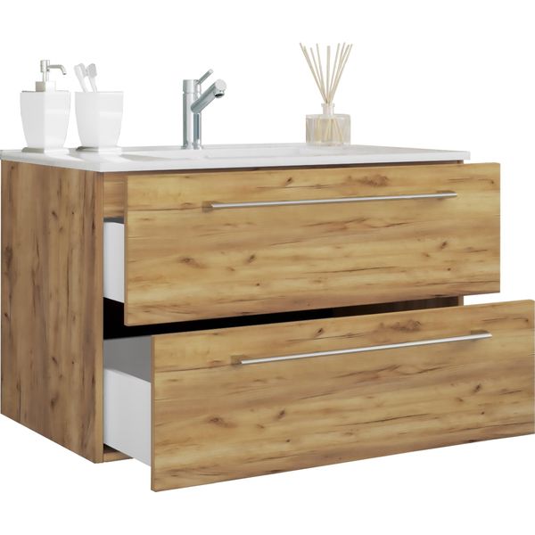 Waschtisch Vcm "2-Tlg. Waschplatz Waschtisch Badinos 2 Schublade", Braun (Honig, Eiche), B:80Cm T:46Cm, Waschtische, Waschtisch-image