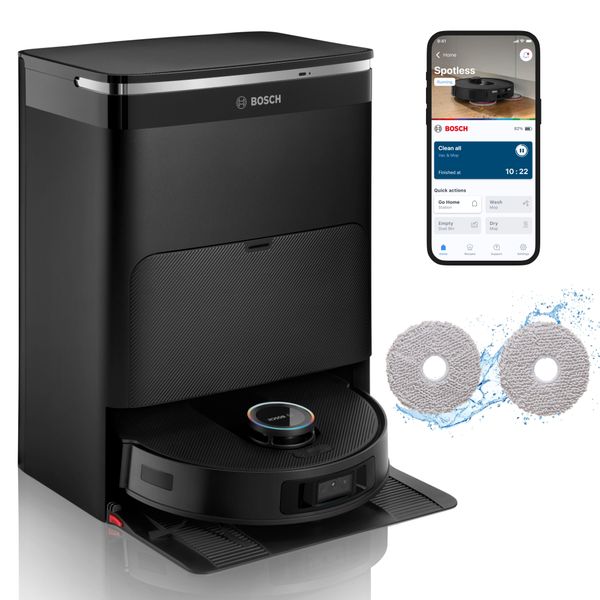 Bosch Saugroboter "Mit Wischfunktion Spotless Max Cam BCRDW3BX, Rotierende Wischpads", Schwarz, B:34Cm H:9,8Cm, Saugroboter, Datensicherheit, 11.000 Pa Saugkraft, Absaugstation, Kamera, Topseller-image