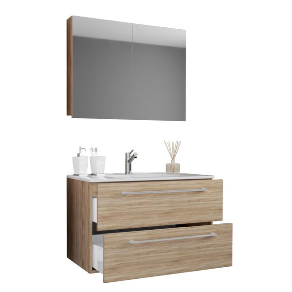 Waschtisch Vcm "3-Tlg. Waschplatz Waschtisch Badinos Schublade Sp", Braun (Sonoma, Eiche), B:80Cm T:46Cm, Waschtische, Waschtisch-image