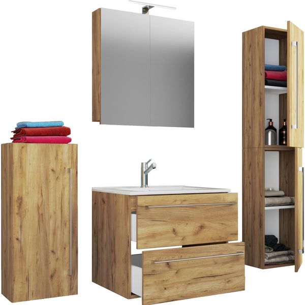 Waschtisch Vcm "5-Tlg. Waschplatz Waschtisch Badinos Schublade Sc", Braun (Honig, Eiche), B:126Cm T:46Cm, Waschtische, Waschtisch-image