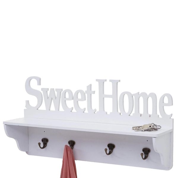 Wandgarderobe MCW-D41 Sweet Home, Garderobe Regal, 4 Haken Massiv 30X60X13Cm ~ Weiß-image