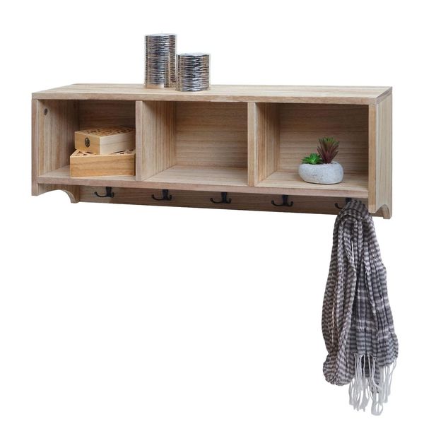 Wandregal MCW-K49, Garderobe Wandgarderobe Regal, 3 StaufäCher 5 Haken 30X80X20Cm Holz ~ Naturbraun-image