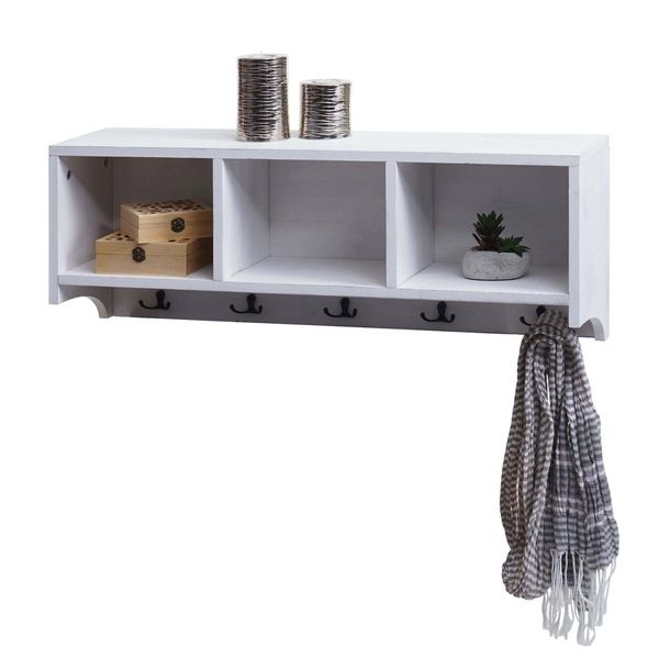 Wandregal MCW-K49, Garderobe Wandgarderobe Regal, 3 StaufäCher 5 Haken 30X80X20Cm Holz ~ Weiß, Shabby-image