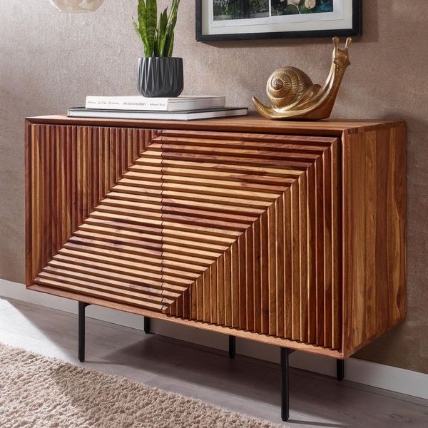 Massivholz Design Sideboard 100Cm Sheesham Kommode Mit 2 TüRen Retro Design Metall Schwarz-image