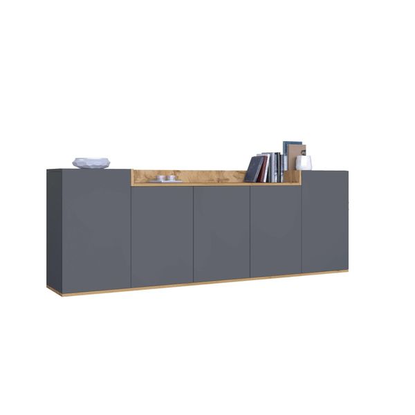 Sideboard Otto Home "Bolsena, Kommode, Schrank,Lowboard Mit 8 FäCher Und Offenes Ablagefach", Grau (Anthrazit, Eiche Wotan Matt), B:200Cm H:71,2Cm T:35Cm, Sideboards, Sideboard, Stehend/HäNgend Montierbar, Made In Italy, B/T/H: 200 × 35 × 71,2 Cm-image