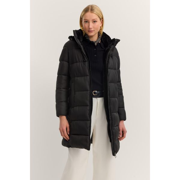 Steppmantel Bugatti "Loose Fit", Damen, Gr. 36, Schwarz (290, Schwarz), 100% Polyamid, Unifarben, Loose Fit, BüNdchen, MäNtel Steppmantel, Mit Kunstfell & Abnehmbarer Kapuze-image