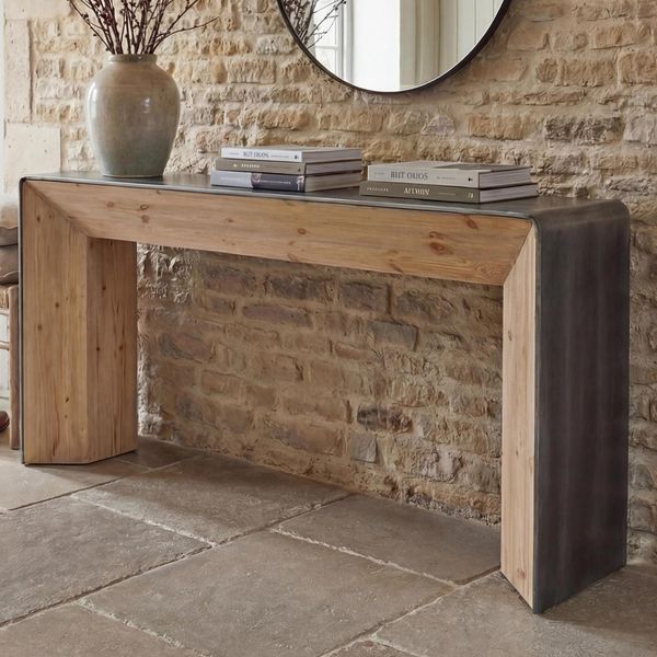 Konsolentisch MCW-L76, Telefontisch Beistelltisch Tisch, Industrial Massiv-Holz Mvg, 80X120X40Cm Natur Mit Metall-Optik-image