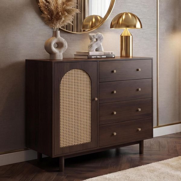 Kommode MCW-P52, Schrank Sideboard Highboard, Schubladen StaufäCher, Poly-Rattan Mdf Melamin 95X100X40Cm ~ Walnuss-Optik-image