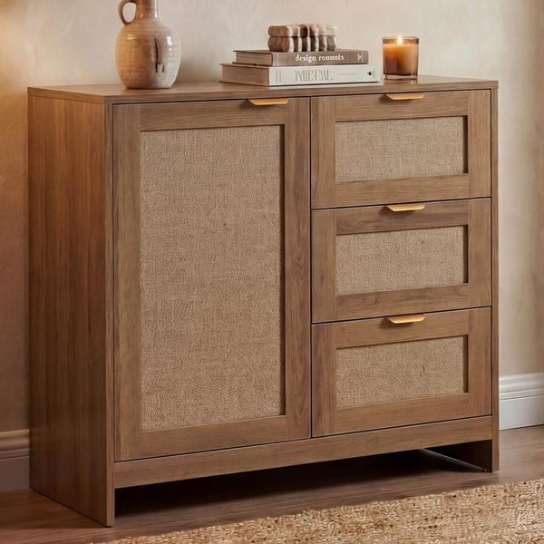 Kommode MCW-P50, Schrank Sideboard Highboard, Schubladen Staufach, MDF Melamin Leinenfront ~ Braun-image