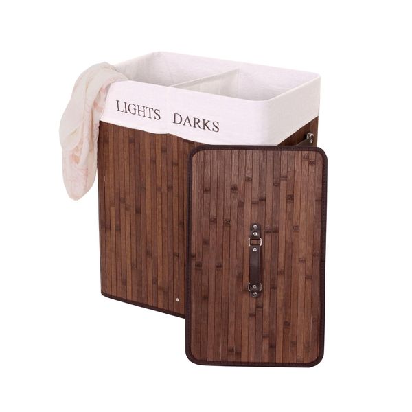 WäSchekorb MCW-C21, Laundry WäSchebox WäSchesammler WäSchebehäLter, Bambus 2 FäCher 63X55X34Cm 100L ~ Braun-image