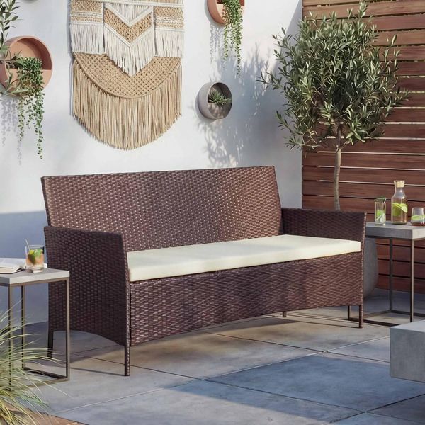 3-Sitzer Poly-Rattan Gartenbank Hamar, Sitzbank ~ Braun-Meliert, Kissen Creme-image