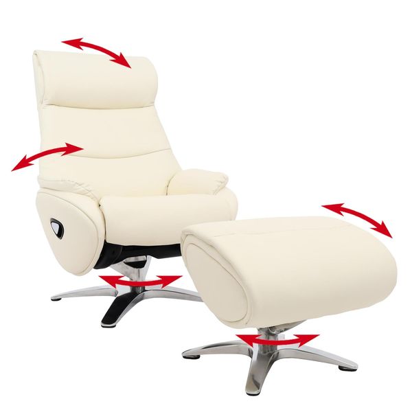 Relaxsessel Mit Hocker MCW-K98, Fernsehsessel Sessel, Liegefunktion Drehbar, Metall Echtleder/Kunstleder ~ Creme-Weiß-image