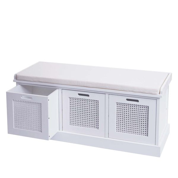 Sitzbank MCW-J49, Polsterbank Garderobenbank, Kissen Aufbewahrungsboxen Staufach 47X110X40Cm ~ Weiß, Polster Creme-Weiß-image