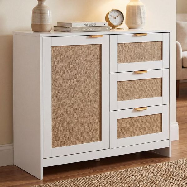 Kommode MCW-P50, Schrank Sideboard Highboard, Schubladen Staufach, Mdf Melamin Leinenfront ~ Weiß-image
