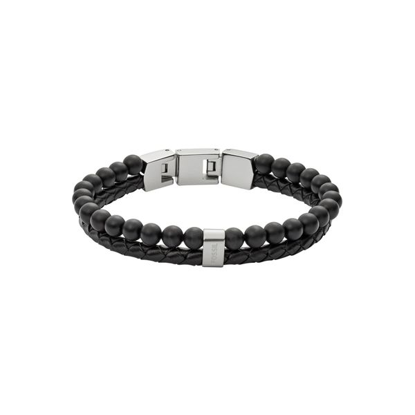 Armband Fossil "Schmuck Geschenk Edelstahl Leder Armschmuck", Schwarz (Edelstahlfarben, Schwarz), ArmbäNder, Damen, 19,5Cm, Edelstahl Leder, Edelstahl, Leder, Armband-image