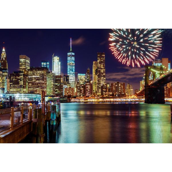 Fototapete Papermoon "MANHATTAN-NEW York Brooklyn Bridge Feuerwerk Skyline", Bunt, B:4M L:2,6M, Vlies, Tapeten-image