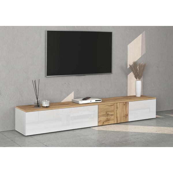 Lowboard Otto Home "Iseo, Tv-Kommode,Tv-MöBel,Tv-Bank, 3 FäCher, Breite 200 Cm", Weiß Hochglanz Fronten, Eiche Wotan Matt, B:200Cm H:30Cm T:35Cm, Sideboards, Lowboard, Stehend/HäNgend, 1 Klappe, 2 TüRen Hochglanz Lackiert, Made In Italy-image