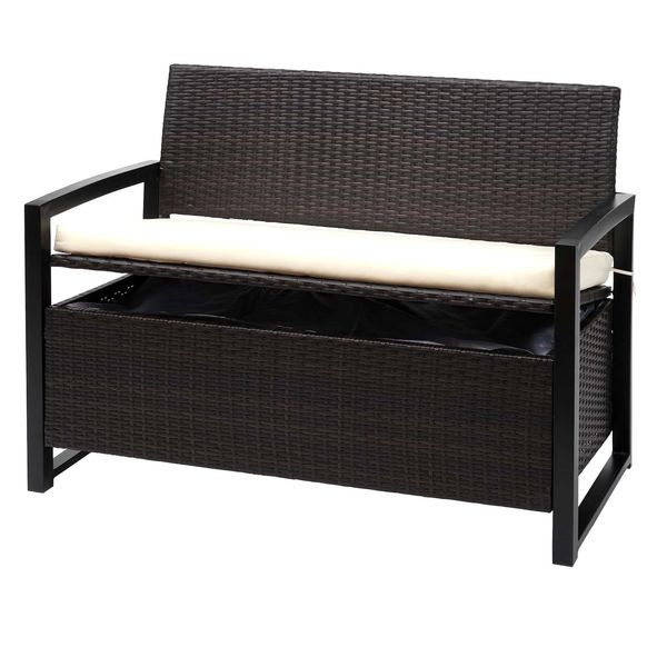 Poly-Rattan 2Er Sitzbank MCW-F39, Gartenbank Truhenbank, Staufach Aufbewahrung Sitzkissen ~ Braun, Kissen Creme-image
